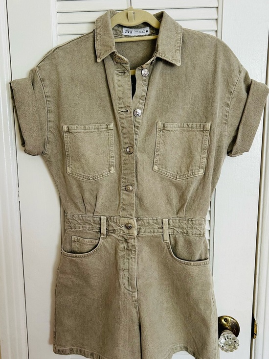 Zara Pants - Zara Khaki Button-Front Short Sleeve Utility Romper